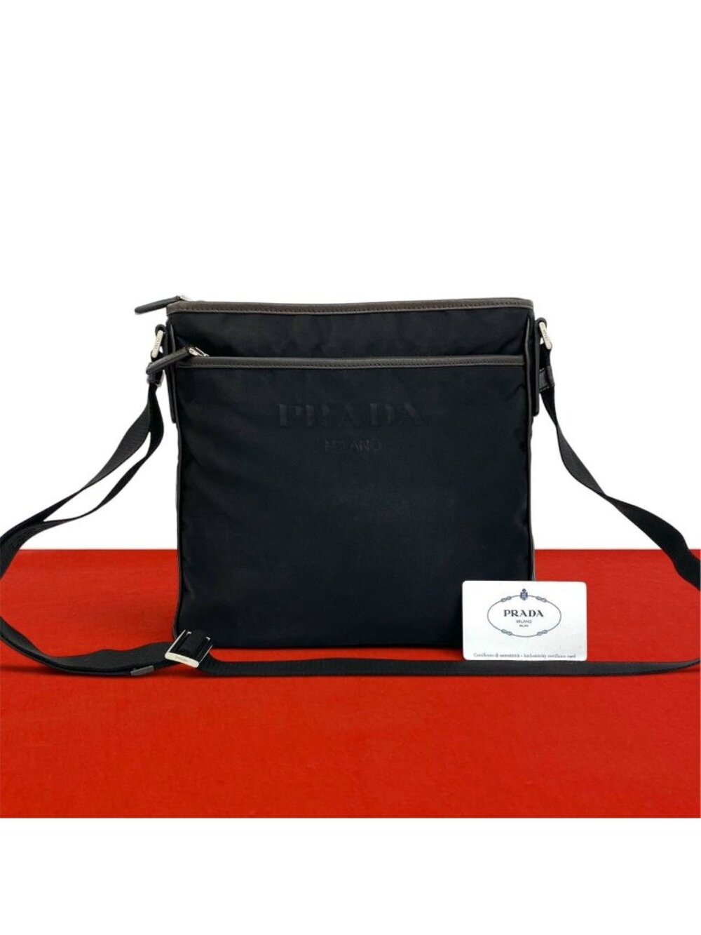 Prada Triangle Logo Tessuto Nylon Saffiano Leather Shoulder Bag Black Brown